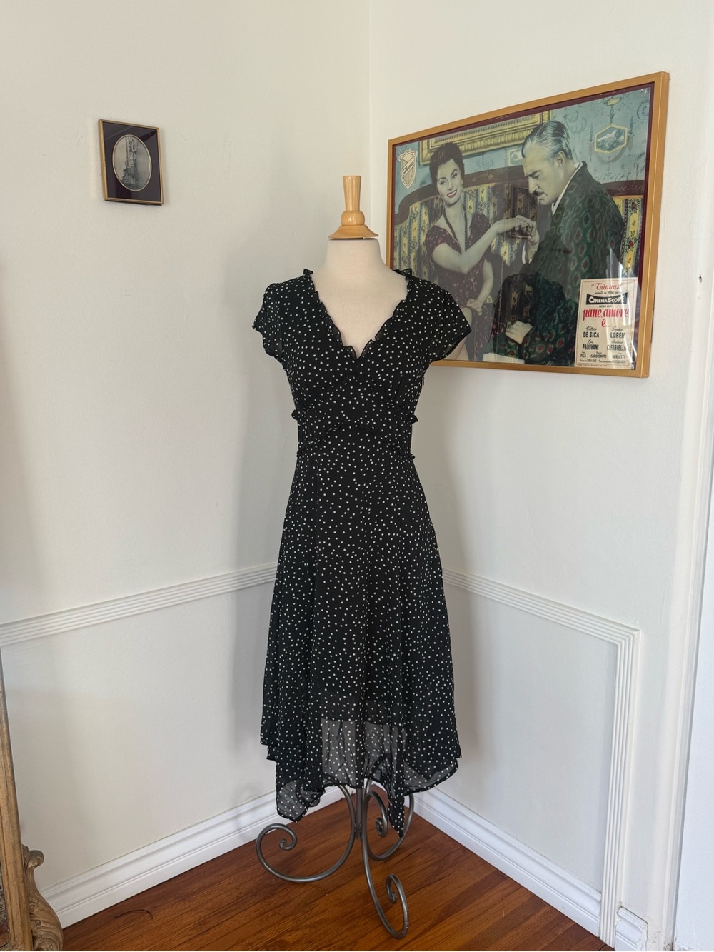 RIHOAS Black Polka Dot Ruffle Midi Dress